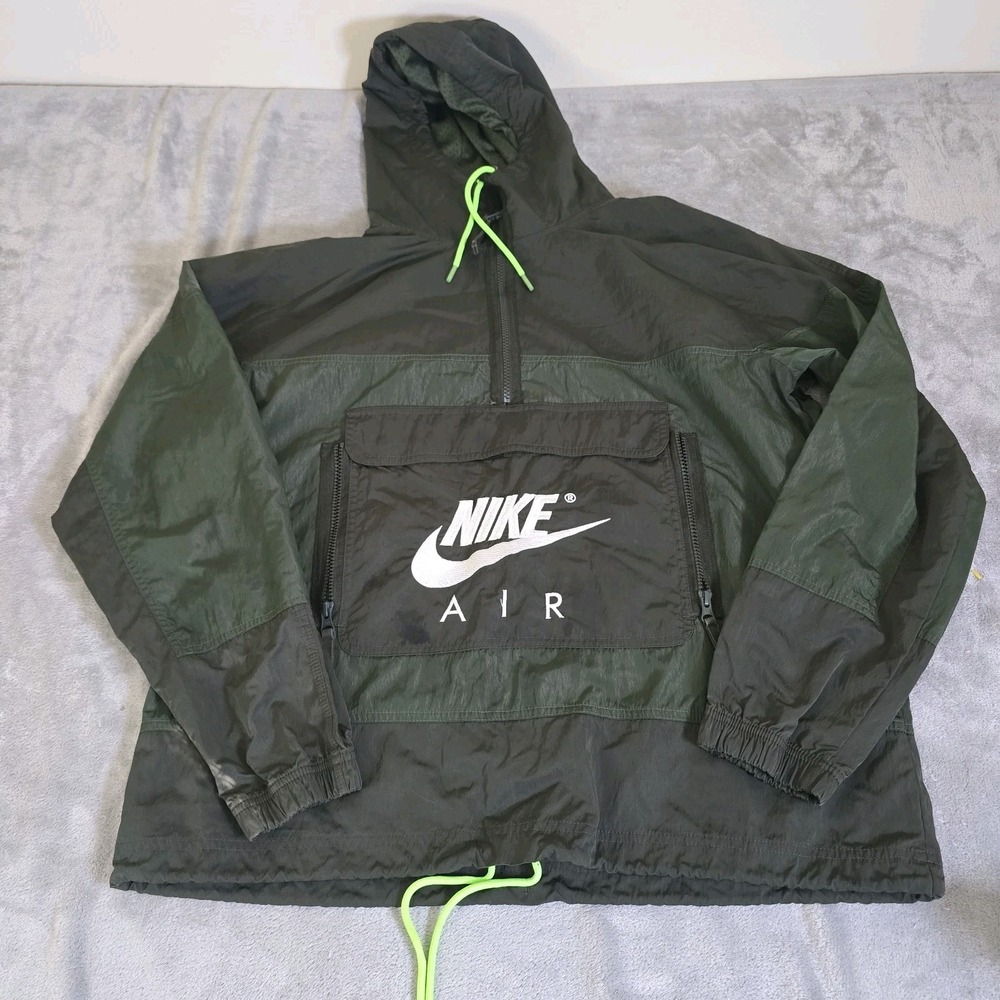 Nike Air Anorak Jacket Mens Large Olive Green Half Zip Hooded Windbreaker